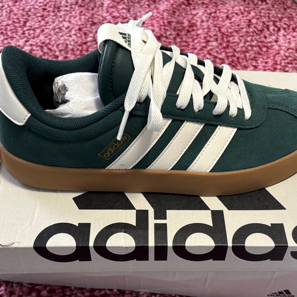 adidas Women's Green Suede Sneakers with White Stripes and Gum Sole - Picture 2 of 5